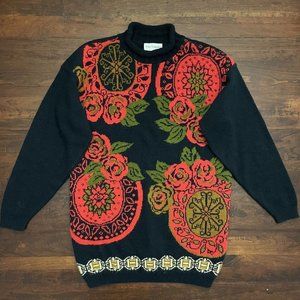 Vintage 80s 90s Oversized‎ Red Black Roses Medallion Sweater M Acrylic Knit Goth